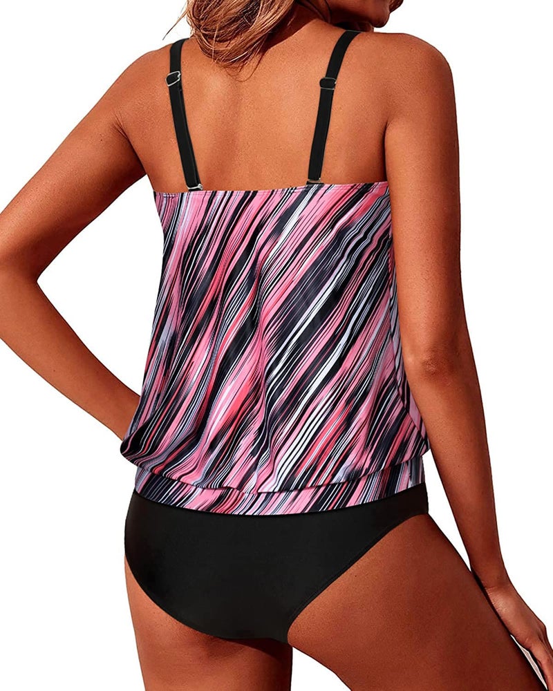 Yonique Two Piece Tankini Swimsuits for Women Blouson Bathing Suits Modest Swimwear Pink Striped L - Image 4